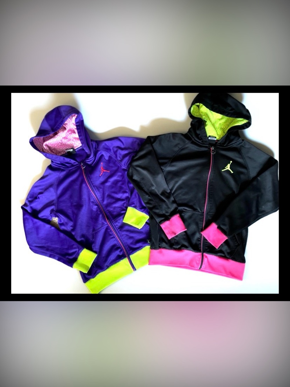 Jordan Black & Purple Hoodies with Neon Green and Hot Pink Accents